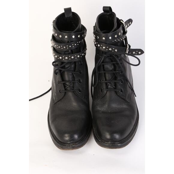 MAJE Black Leather Combat Moto Studded Lace Up Boots Booties Size 39 - Picture 2 of 13